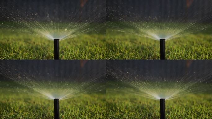 自动灌溉喷头从地面升起。一股水流在压力下灌溉着绿地。慢动作4k视频