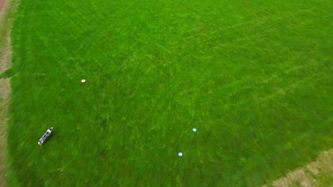 在公园里玩接球游戏时，宠物狗抓飞盘的航拍镜头
