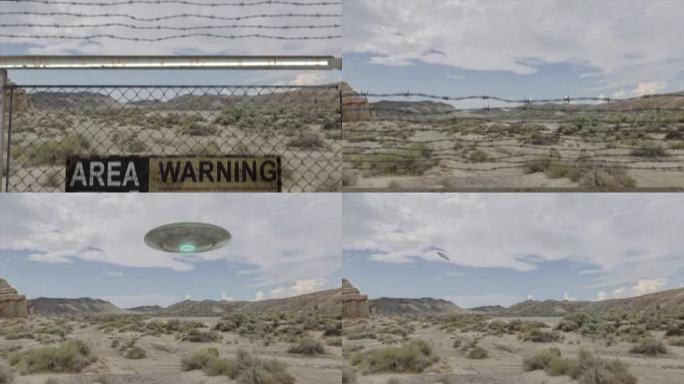 高质量的3D CGI展示了在沙漠场景中51区军事设施的铁链围栏上升起的镜头，一个UAP不明飞行物下降
