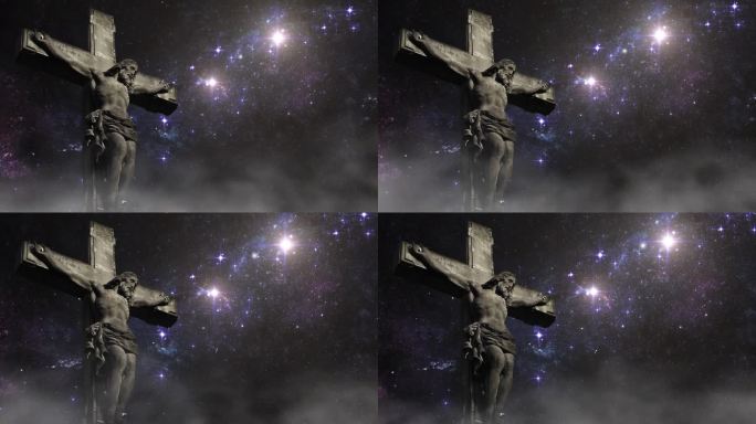 耶稣在十字架上的雕像，背景是夜晚的星星