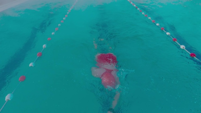 运动的年轻女子在度假村泳池练习自由泳的高角度镜头