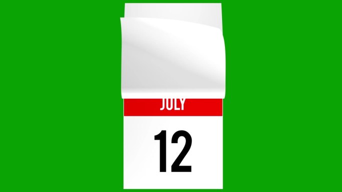 七月每日日历与动画翻页和白页在最后写你的信息。日历翻页，翻页书3D动画在绿色屏幕上。
