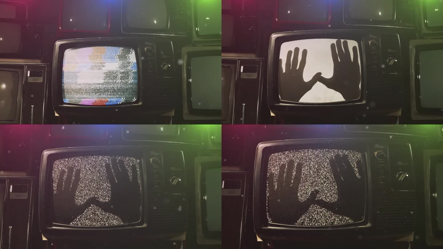 闹鬼的电视机与鬼手在屏幕上。近距离，4K分辨率。