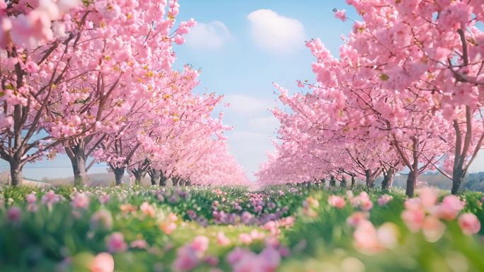 蓝天下的盛开的浪漫粉色樱花（1）