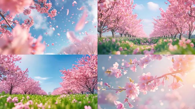 蓝天下的盛开的浪漫粉色樱花（1）