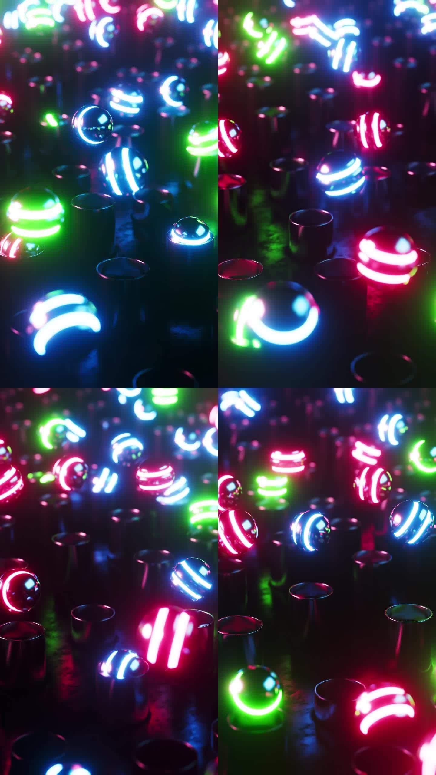 五颜六色的霓虹灯球从管子里蹦出来。垂直循环动画
