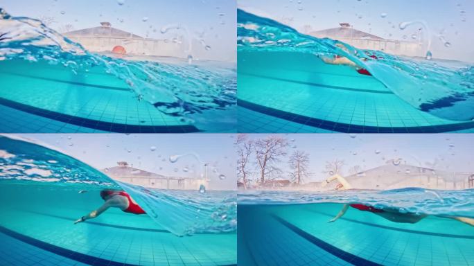 白天，一名女子在旅游胜地的游泳池里练习自由泳，部分水下手持镜头
