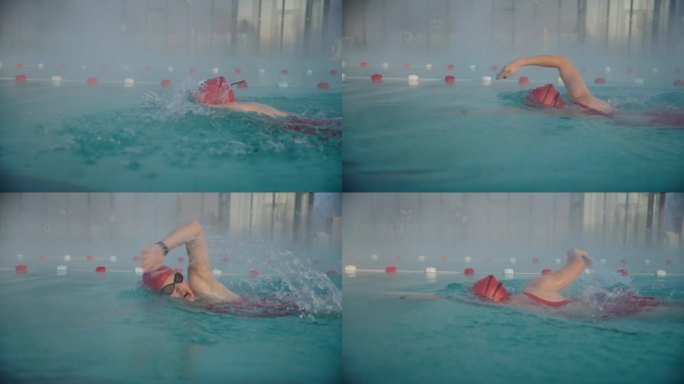 在旅游胜地雾蒙蒙的游泳池里，戴着帽子和护目镜的坚定运动女性游泳的跟踪镜头