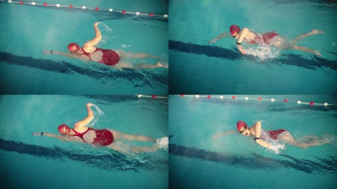 SLO MO起重机拍摄的坚定的运动女子练习自由泳在雾蒙蒙的游泳池在豪华度假村白天