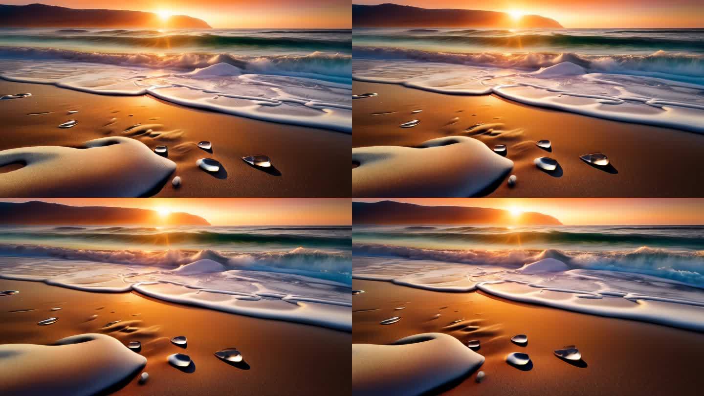 海边阳光沙滩油画风格小清新背景水面