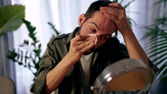 一名男子在面部护理过程中在脸上涂抹面霜