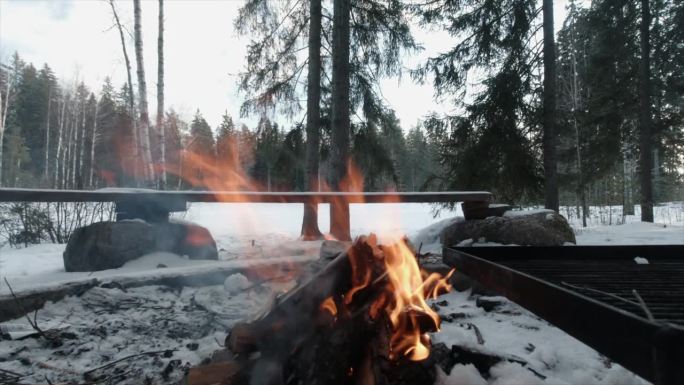 冬季篝火的橙色火焰集中在框架中，北部森林