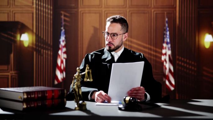 男法官坐在办公桌前阅读文件