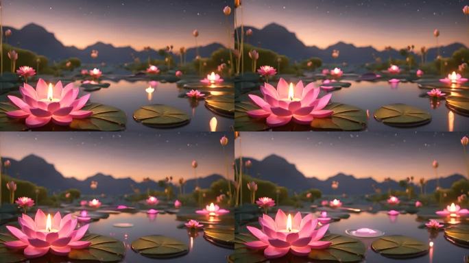 湖水上的莲花灯祈祷
