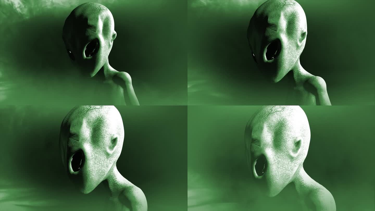 3D CGI中景镜头将一个经典的、皮肤光泽的罗斯威尔灰色外星人的特写镜头推到左边，看起来怪异而有威胁