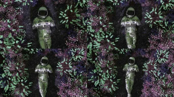 一个太空探险家漫步在充满活力的外星植物的奇幻3D森林中，将科幻与植物奇迹融为一体。