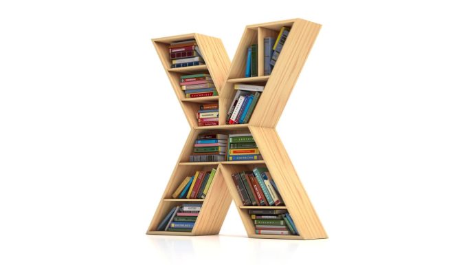 字母N到Z以书架的形式出现，书和教科书被隔离在白色的架子上。字母代表学校、教育和图书馆的概念。三维视