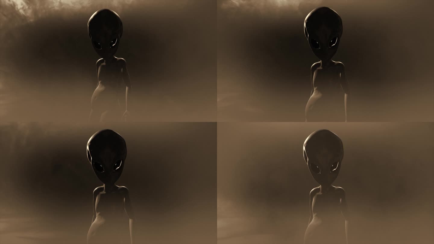 一个经典的、皮肤光泽的罗斯威尔灰色外星人的3D CGI推入镜头，看起来怪异而具有威胁性，在一团不祥的