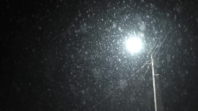 真正的雪，冬夜的雪。单盏孤灯照亮街道。寒冷的天气，暴风雪。雪花飘落，无缝圣诞时光仙境背景。