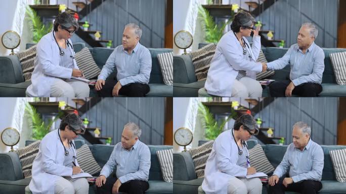 印度有爱心的女药剂师医生在医疗保健咨询时拜访老病人，坐在椅子上在书上写药方，解释帮助开药