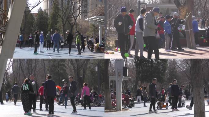 街头公园健身锻炼退休生活遛弯大城市踢毽子
