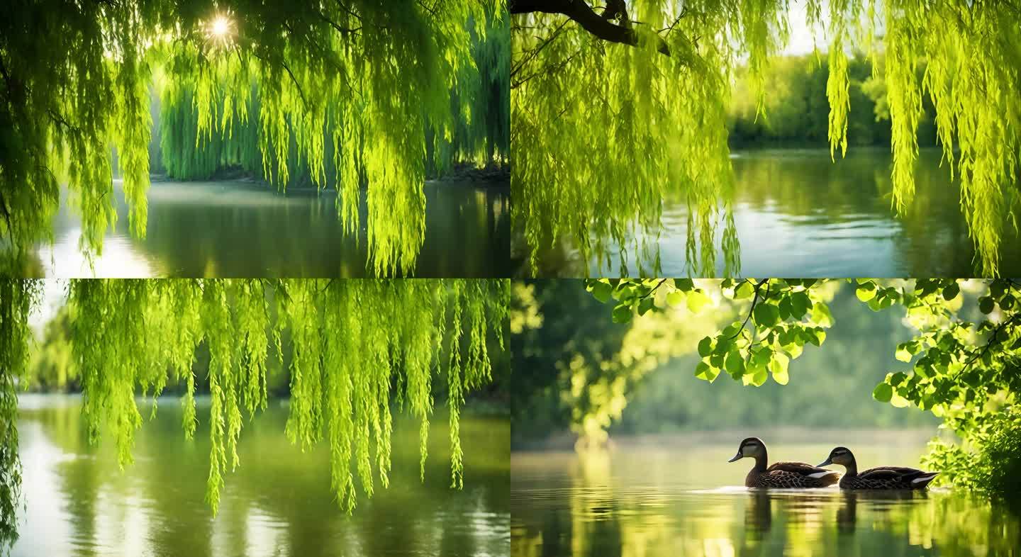【合集】春分春天柳树柳叶柳枝鸭子绿色美景