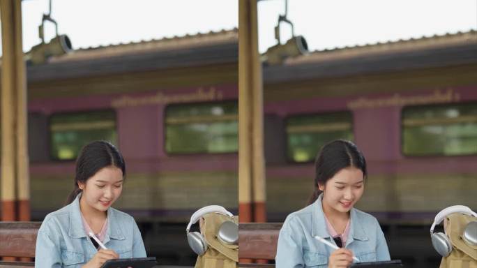 一名亚洲女性旅行者在火车站坐着等火车，用平板电脑记录她的旅程