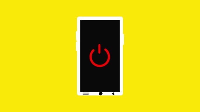智能手机与关机图标动画在屏幕上与明亮的黄色背景。