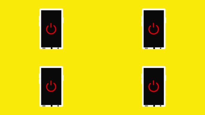智能手机与关机图标动画在屏幕上与明亮的黄色背景。