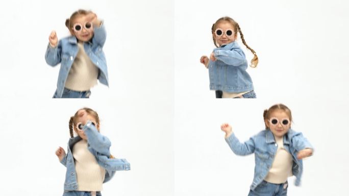 开朗的小女孩穿着现代服装，在孤立的白色背景上表演自由式舞蹈。童装广告理念