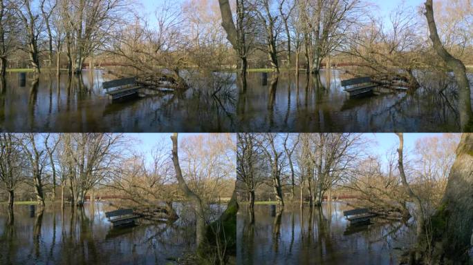 无人机拍摄的淹水长凳