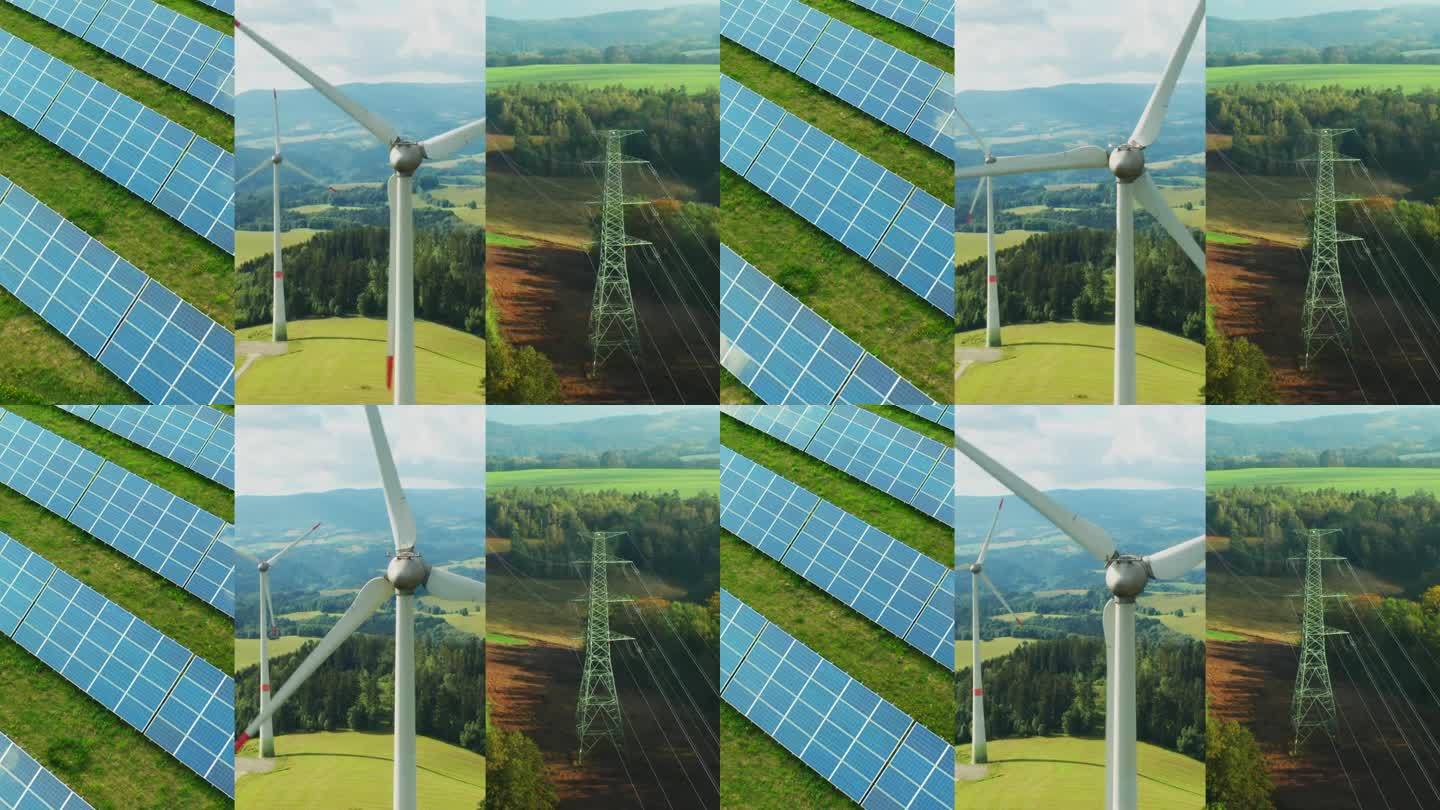 拼贴风力发电机、太阳能电站、可再生绿色输电线路