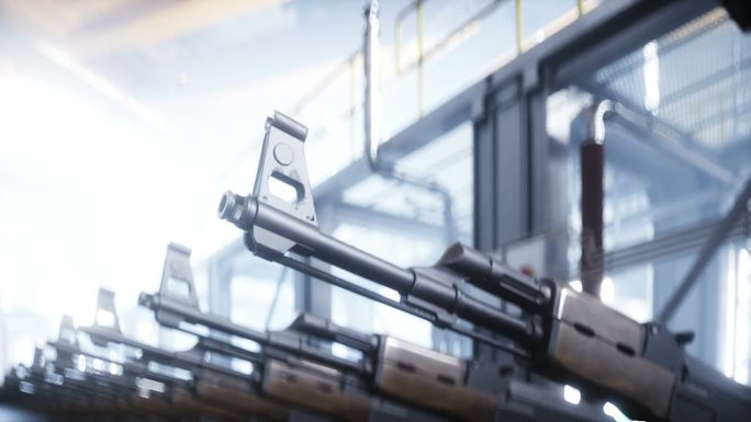 俄罗斯AK 47机枪生产厂。战争的概念。逼真的4k动画。