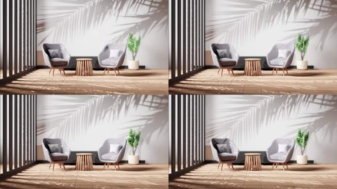 室内设计现代公寓客厅与植物，树叶阴影的背景墙3d渲染动画