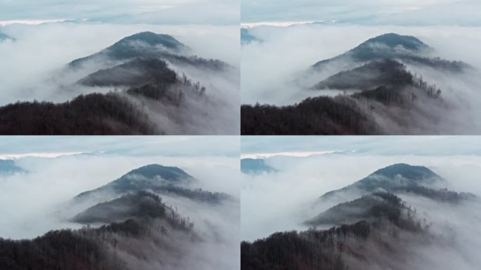 薄雾缭绕的山峰在柔云之上，安详而雄伟