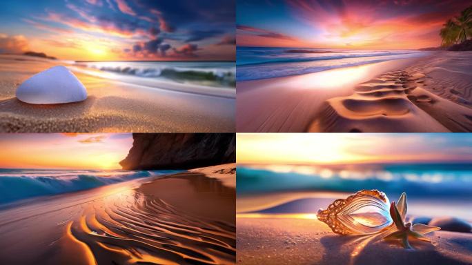 海边阳光沙滩油画风格小清新背景场景合集