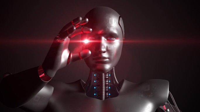 AI高科技机器人用手拿着灯。