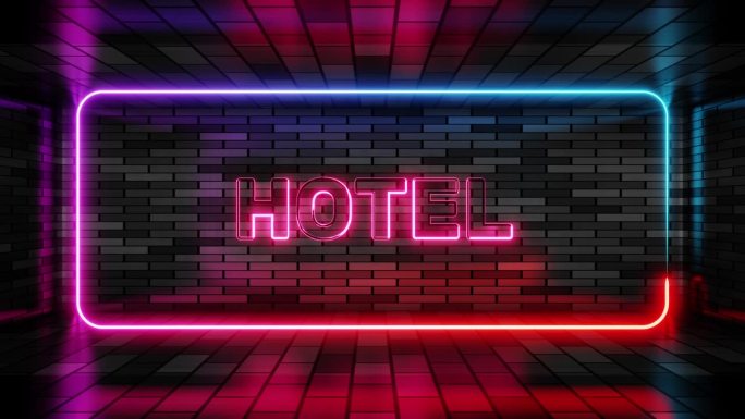 霓虹灯酒店在语音气泡框架上的砖墙背景3d渲染。光横幅在墙上的背景。酒店循环预订公寓，设计模板，夜间霓