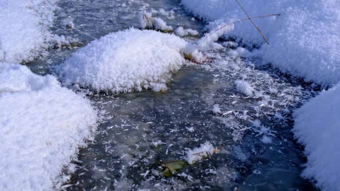 冬天结冰的水坑上结晶的冰和结晶的雪，从上方特写。