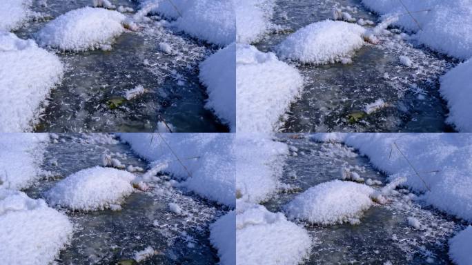冬天结冰的水坑上结晶的冰和结晶的雪，从上方特写。