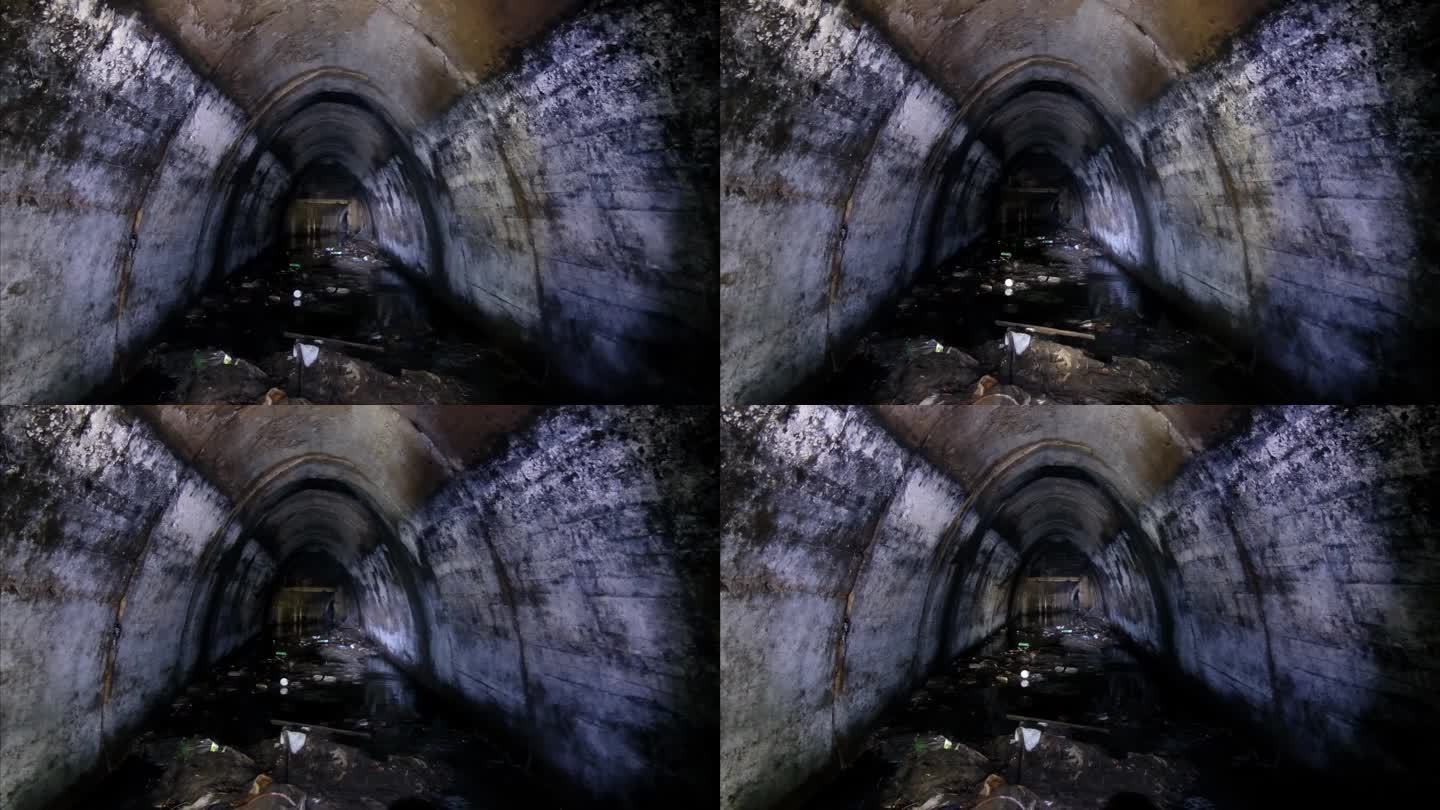 地下拱形城市下水道隧道与肮脏的污水