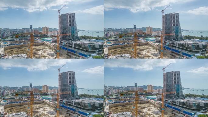 海南三亚城市建筑工地塔吊工人忙碌现场延时