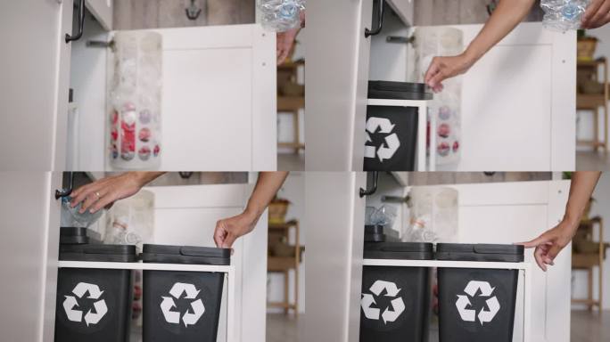 一个女人把一个揉皱的塑料瓶扔进家里厨房的垃圾桶里，近距离拍摄