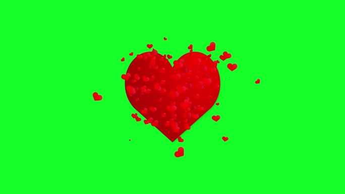 红色跳动的心脏符号在绿屏背景。小红心的运动。动画浪漫背景。