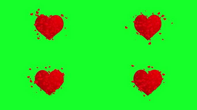 红色跳动的心脏符号在绿屏背景。小红心的运动。动画浪漫背景。