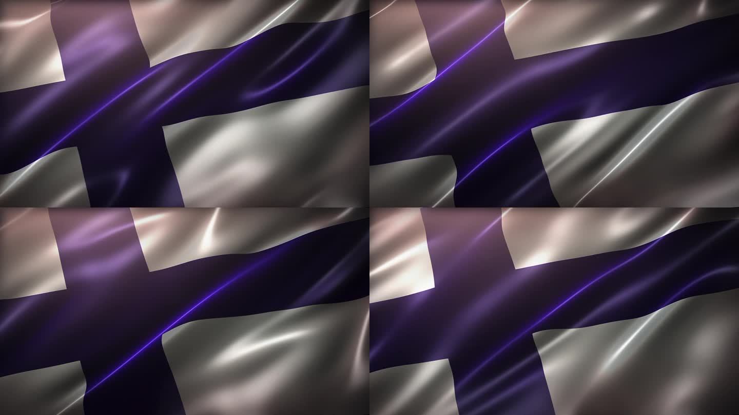 芬兰国旗，高角度，透视视角，电影般的观感，逼真的CG动画，无缝循环，有光泽，慢动作摇摆，优雅柔滑的纹