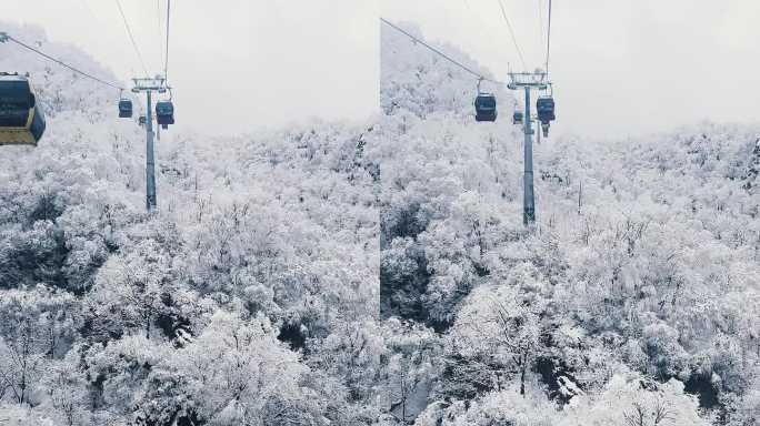 河南栾川老君山穿行在雾凇中的缆车冬天