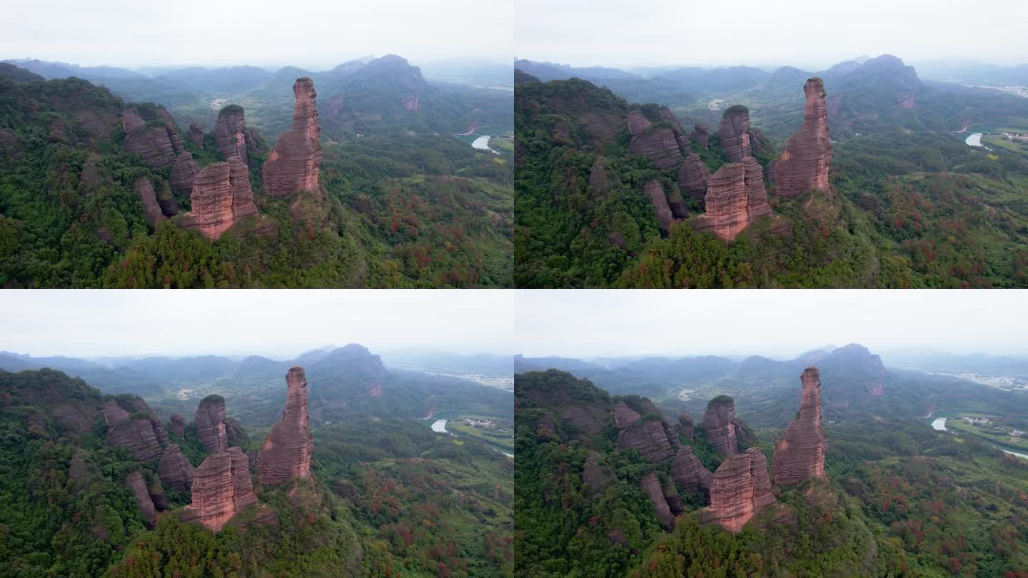 韶关丹霞山地质奇观红色的石头丹霞地貌航拍