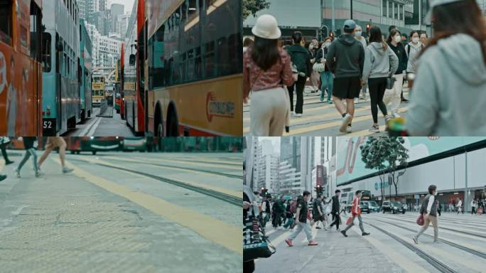 青橙色电影感：香港繁华街头人流车流