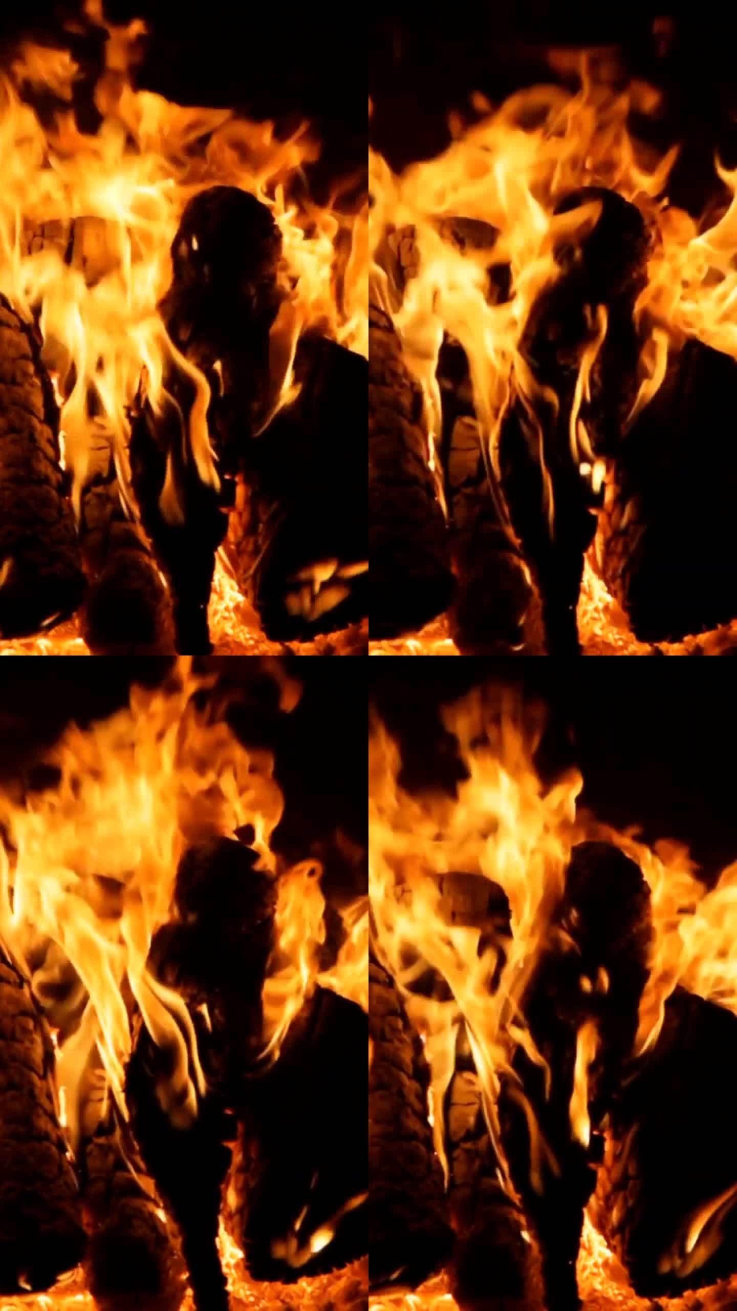 砖房壁炉里燃烧的柴火的垂直特写镜头